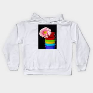 Pink Daisy In Colorful Buckets Kids Hoodie